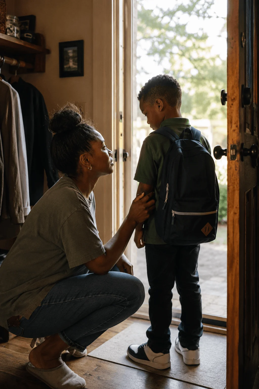A mother crouches at her front door for a calm handover goodbye, child with backpack ready to go
