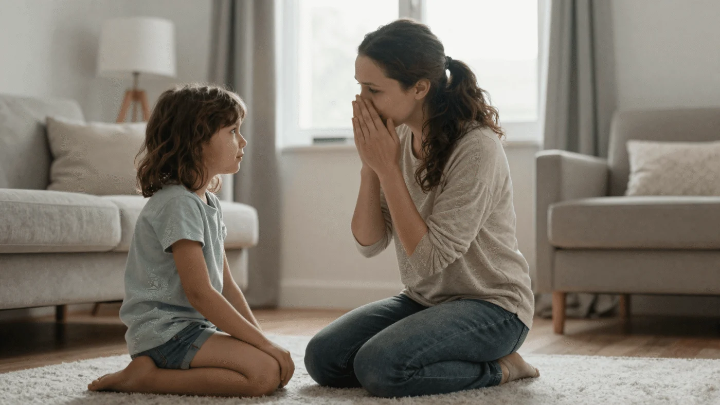 A mother kneeling down to eye level with her upset preschooler in a living room