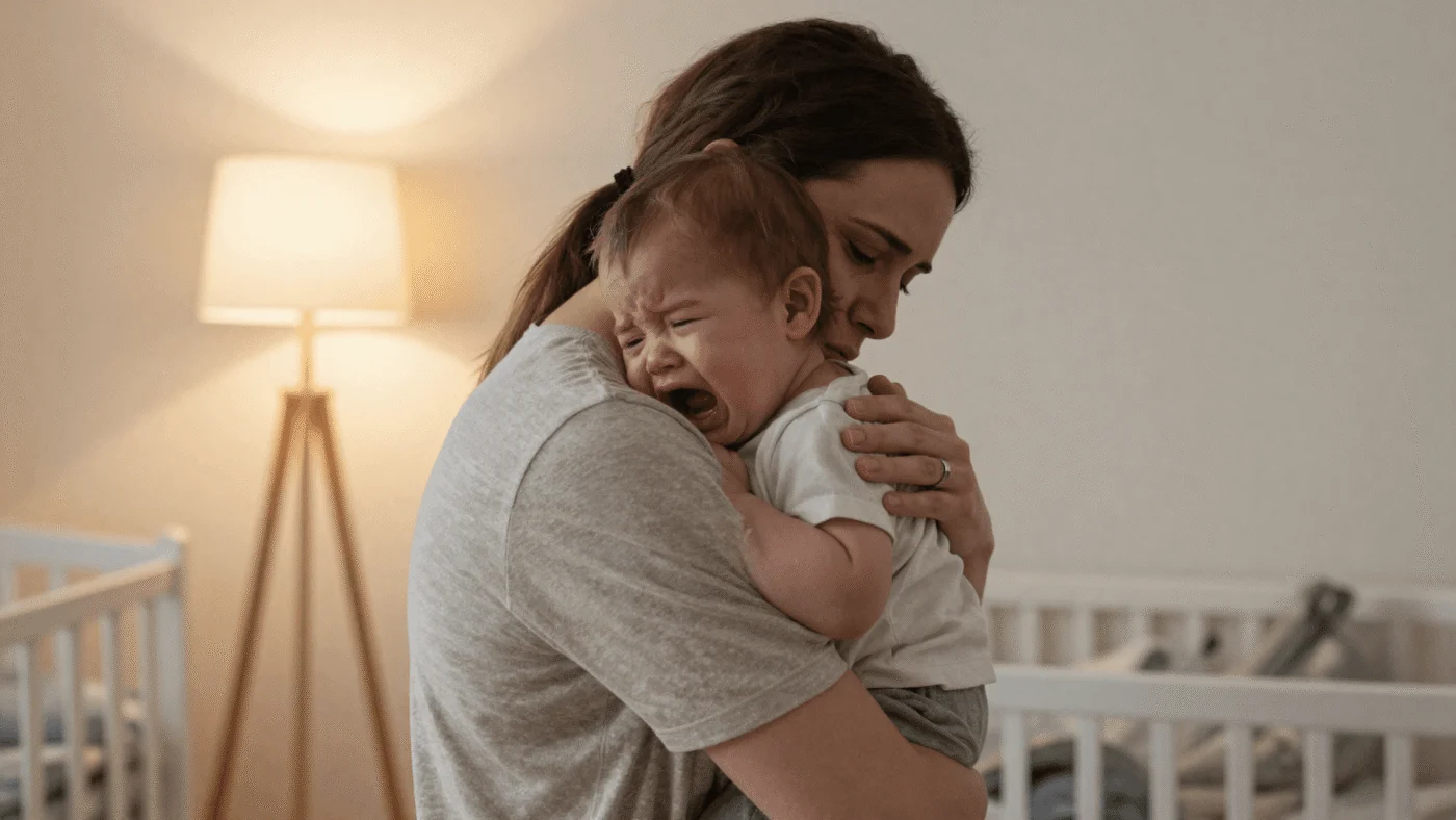 A tired parent holding and gently soothing a crying toddler in a softly lit room