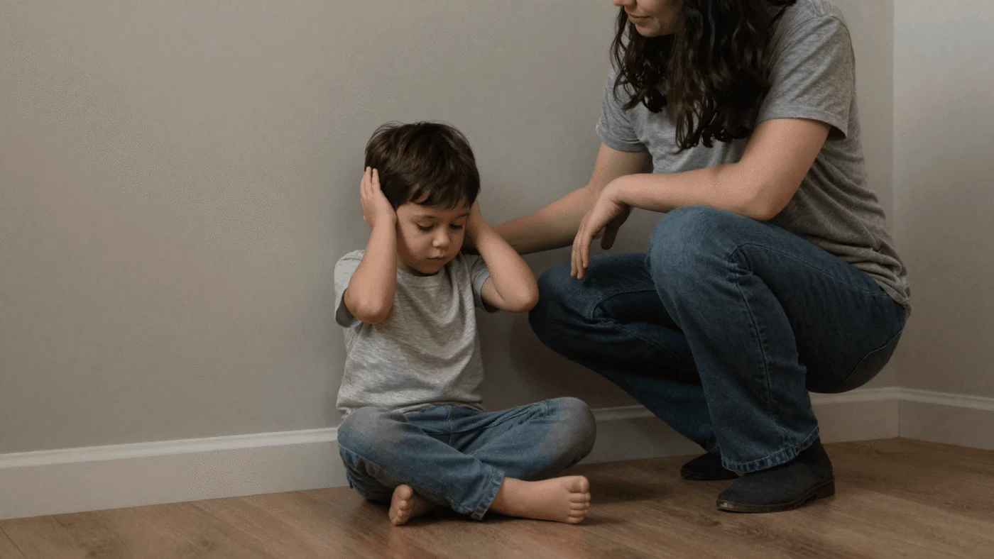 Child with hands over ears while a parent gives calm space