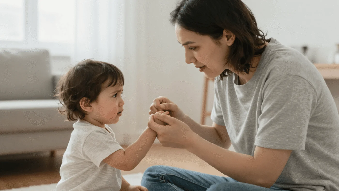 A parent calmly holding a toddler's hands to gently stop them lashing out
