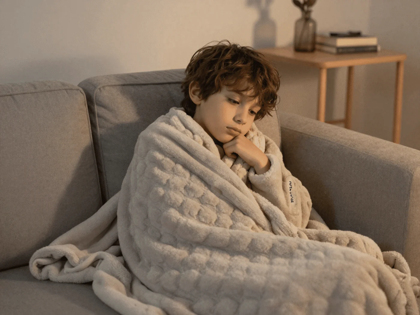 Child wrapped in a weighted blanket looking calm