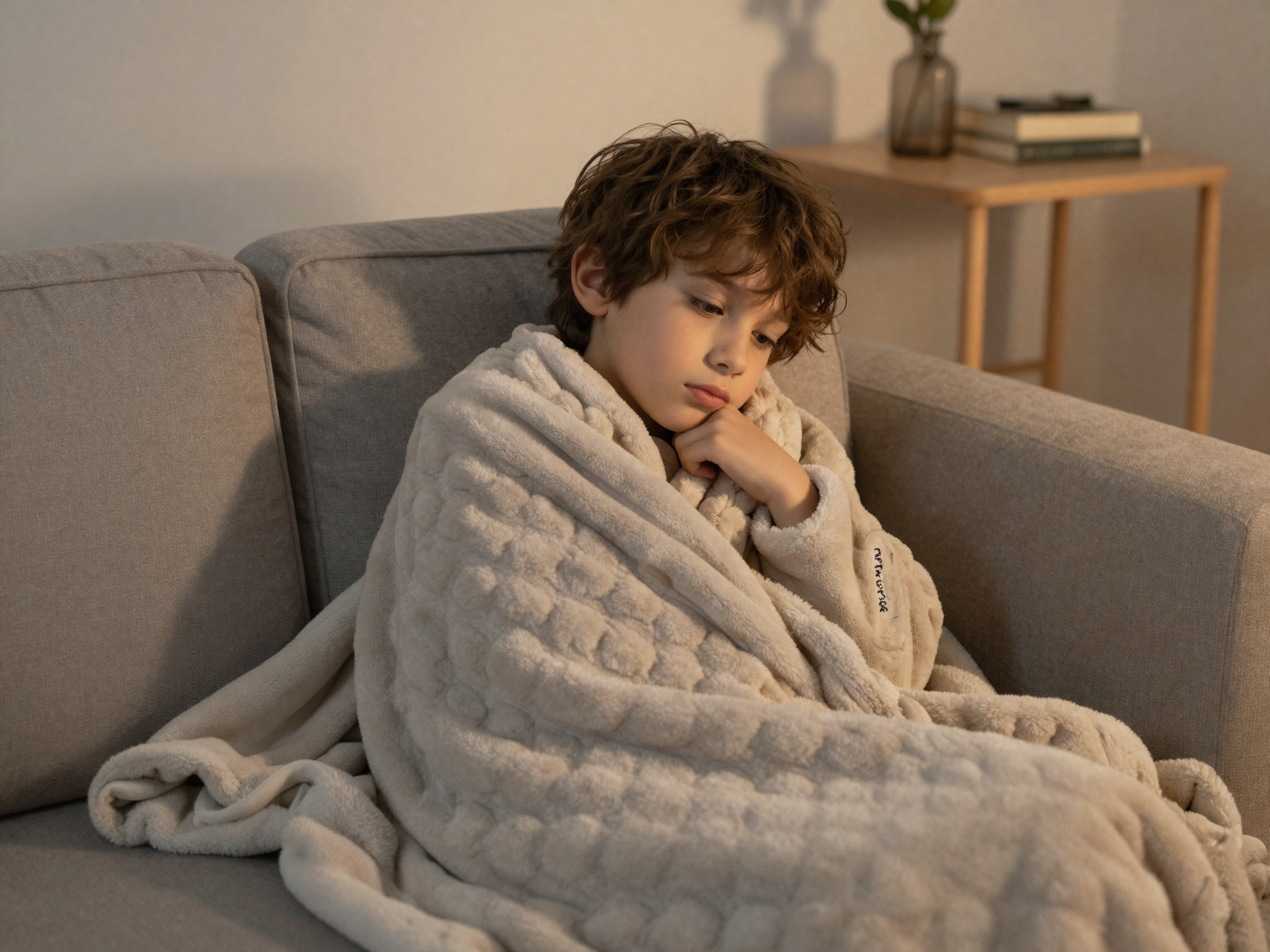Child wrapped in a weighted blanket looking calm