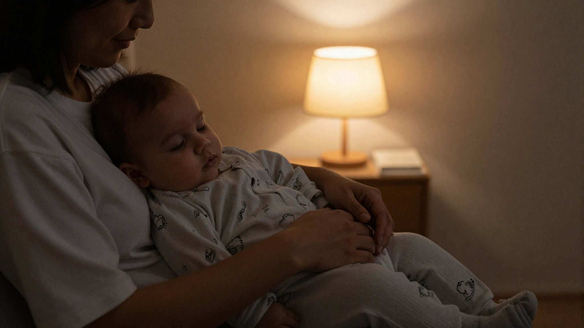 Parent gently rocking a sleepy baby in a dim room
