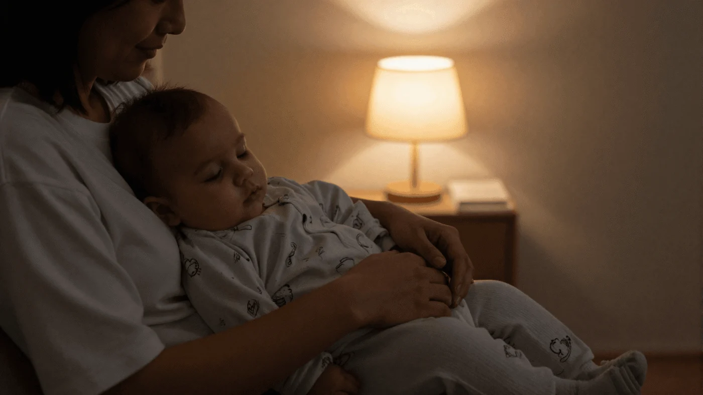 A parent gently rocking a sleepy baby in a dim, quiet room