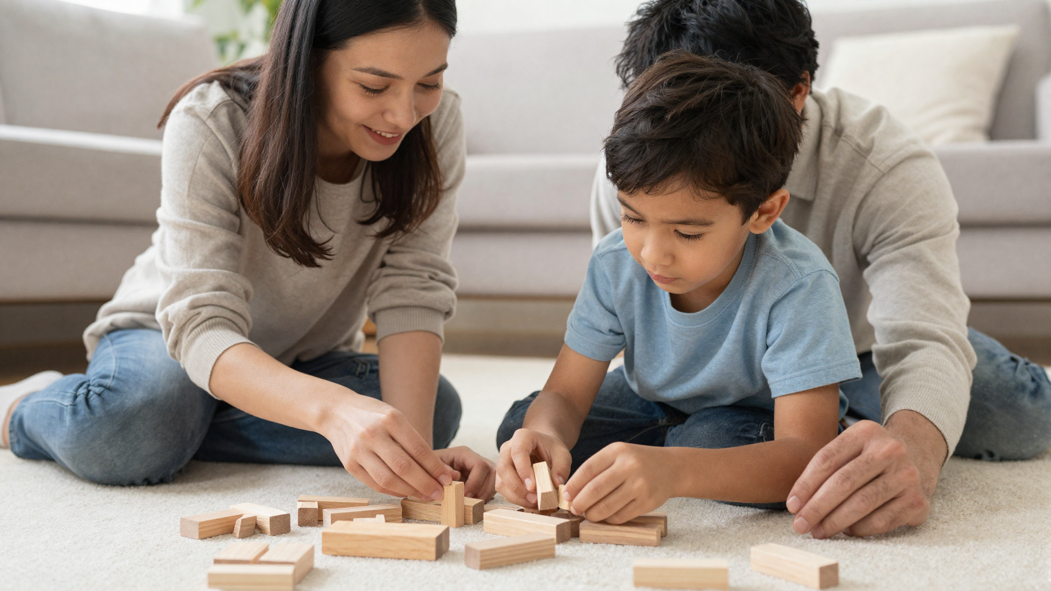 Parent and child building wooden blocks together