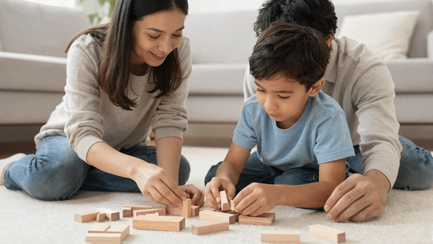 A parent and child calmly building with wooden blocks together