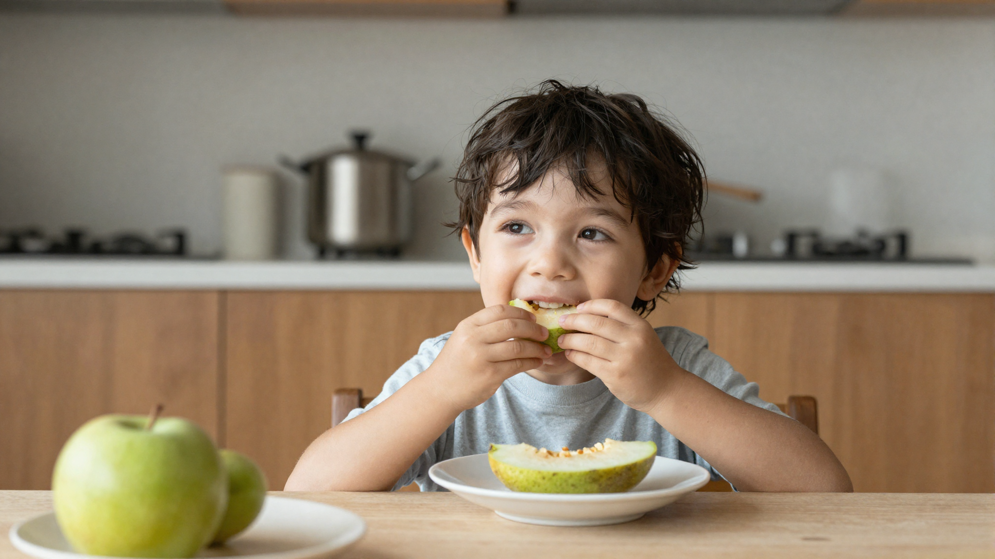 Young child happily eating fresh fruit at a table