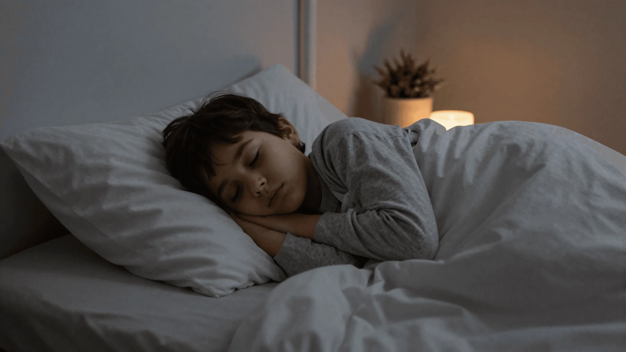 A young child sleeping peacefully in bed under a soft blanket, a warm lamp glowing low in the corner