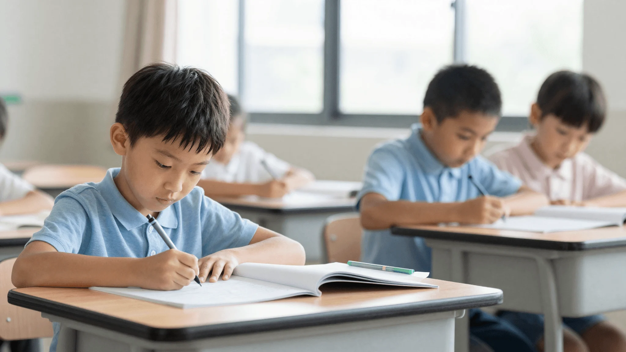 A child concentrating hard while writing at a school desk, pencil gripped tight, surrounded by a busy classroom
