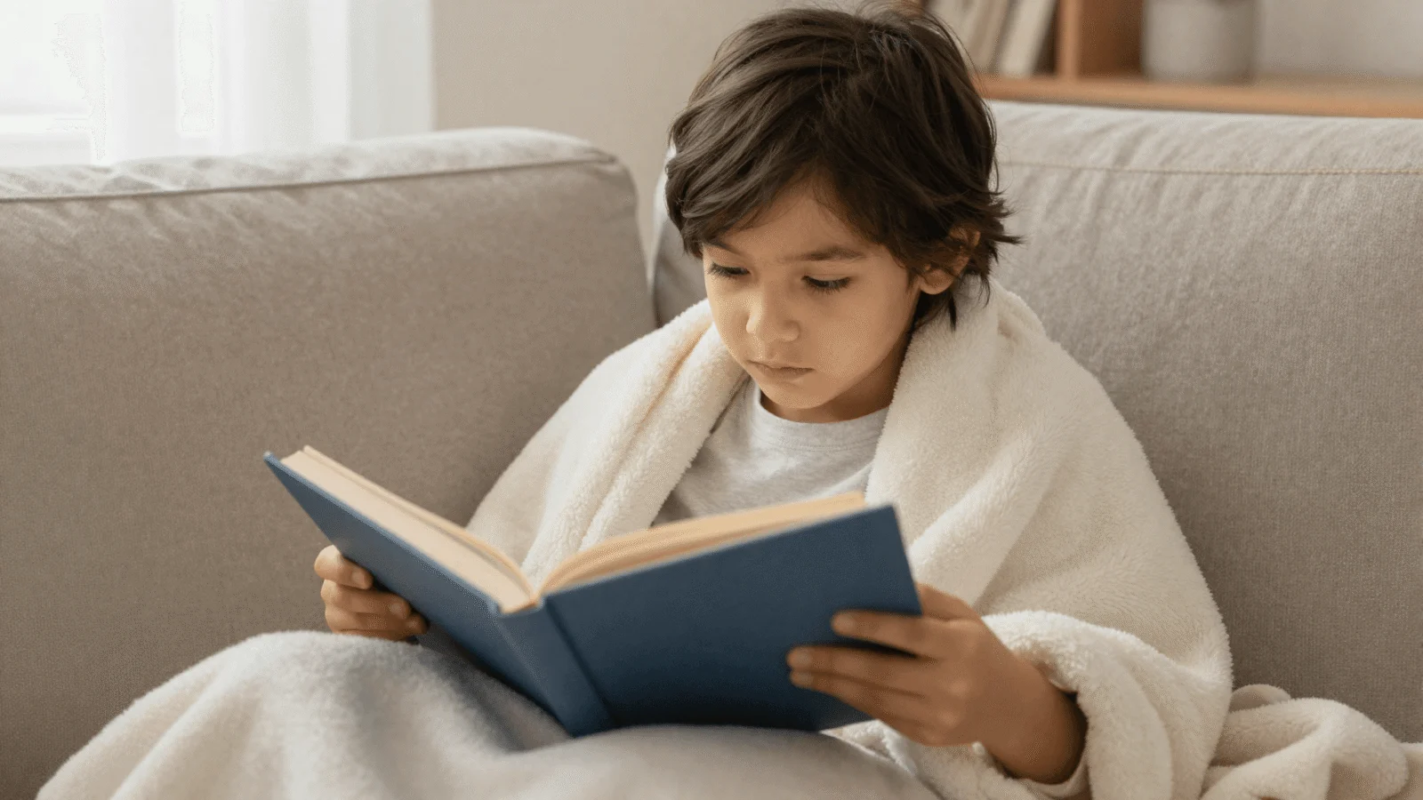 Child reading a book wrapped in a soft blanket
