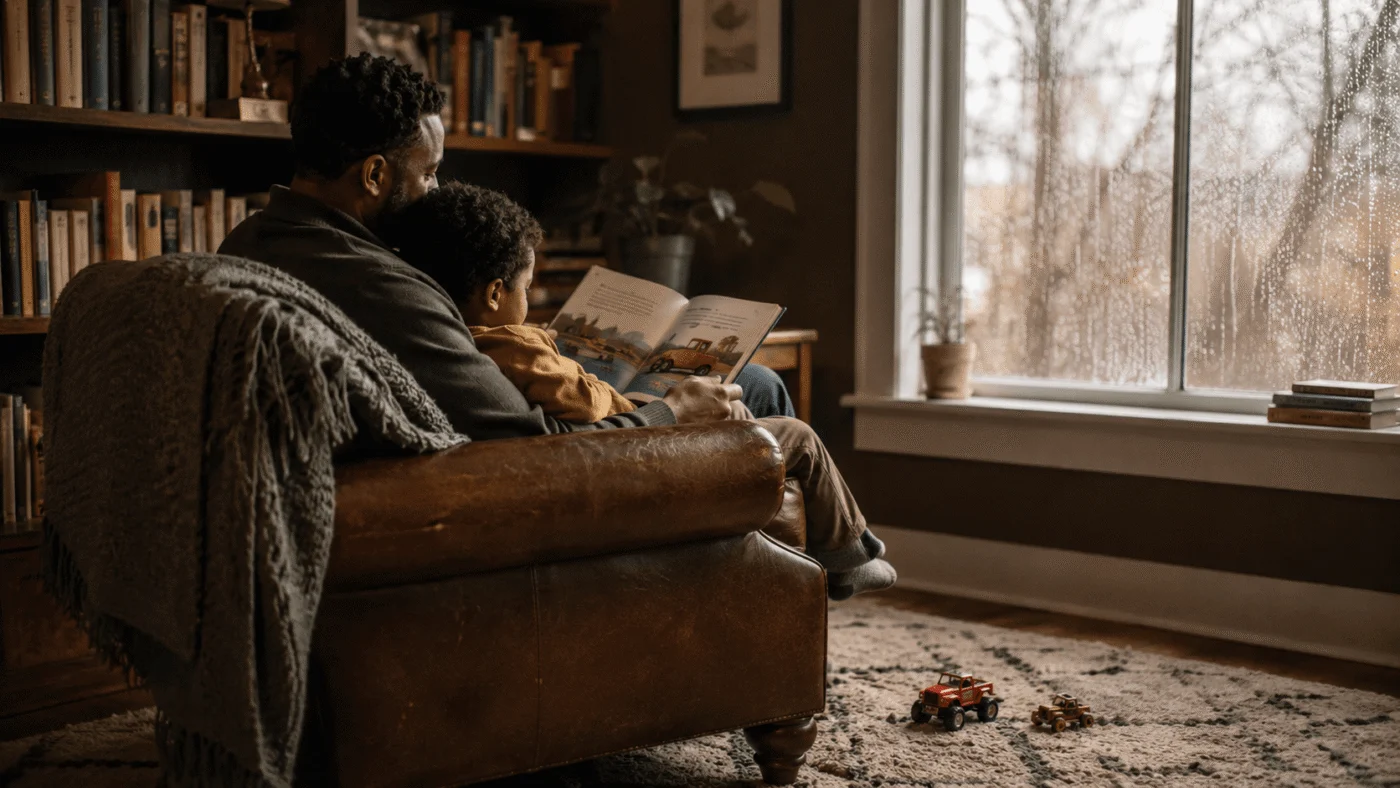 A Black father sits with his young son in a leather armchair, both absorbed in a colourful picture book in warm afternoon light