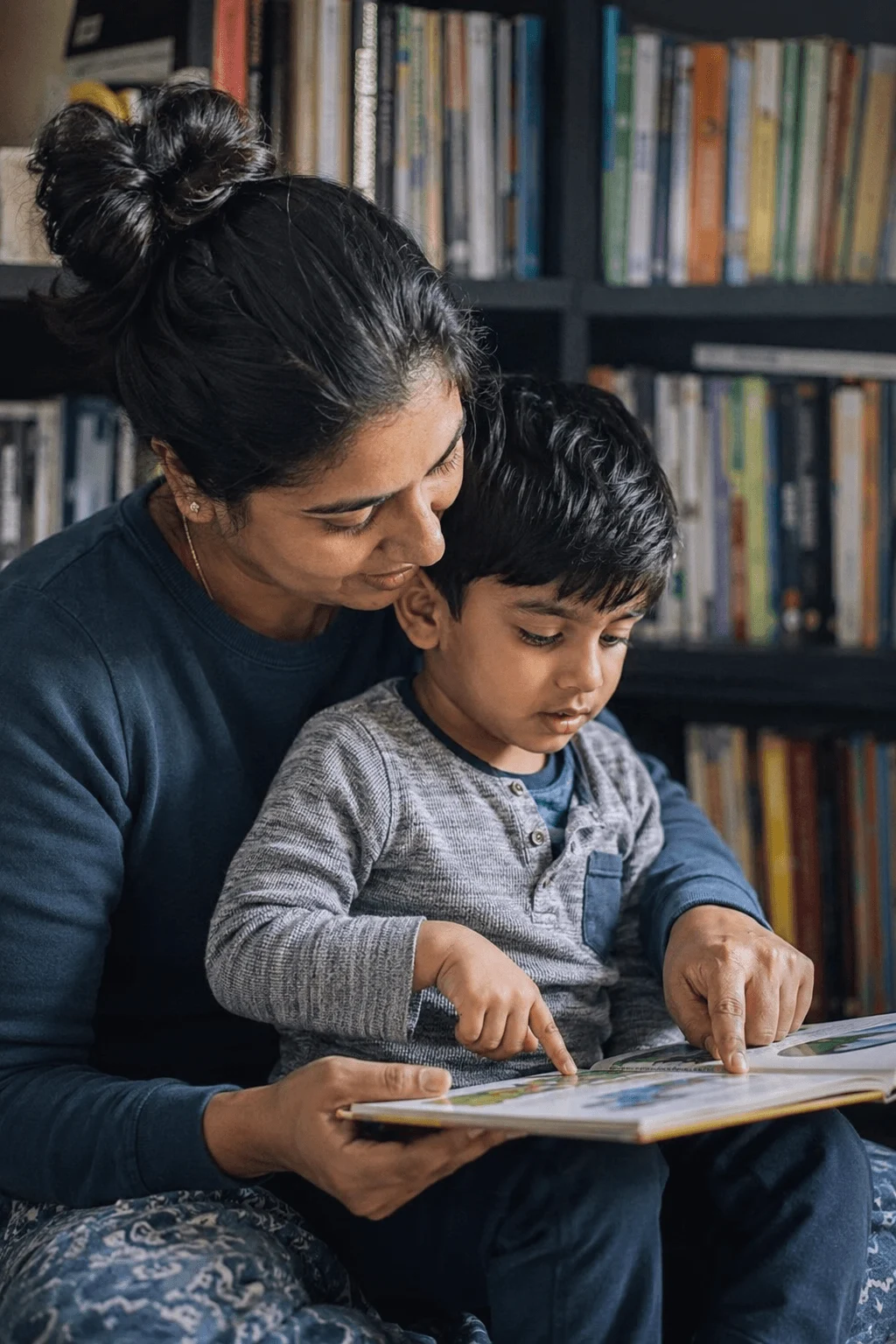 A South Asian mother holds her young son as he points at an open picture book, a full bookshelf behind them
