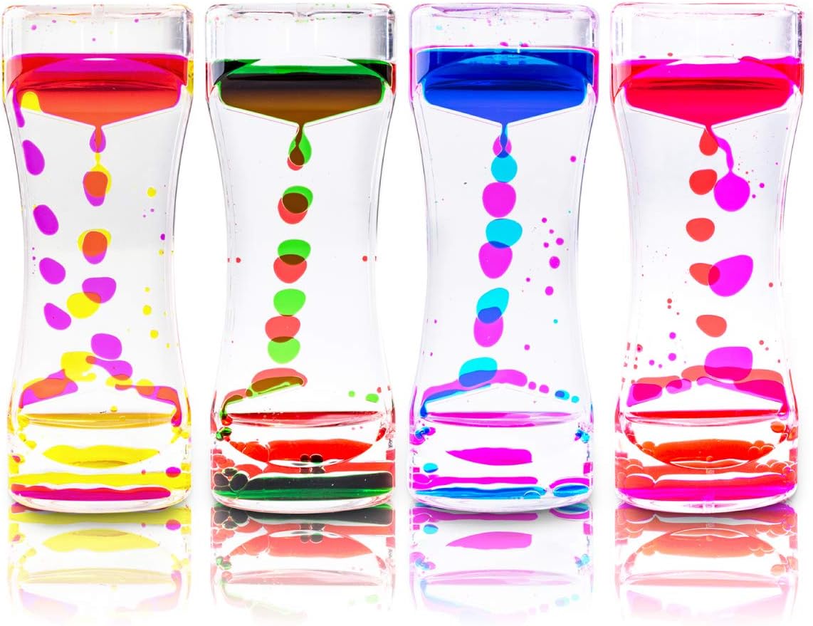 Colorful liquid motion bubblers with slow falling drops for visual calming and sensory play.