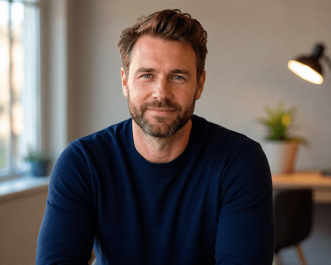 Professional editorial portrait of a smiling male parenting writer in a softly lit home office.