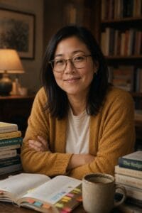 Mei Lin Foster, Books and Guides Editor at Decoded Kids, surrounded by books
