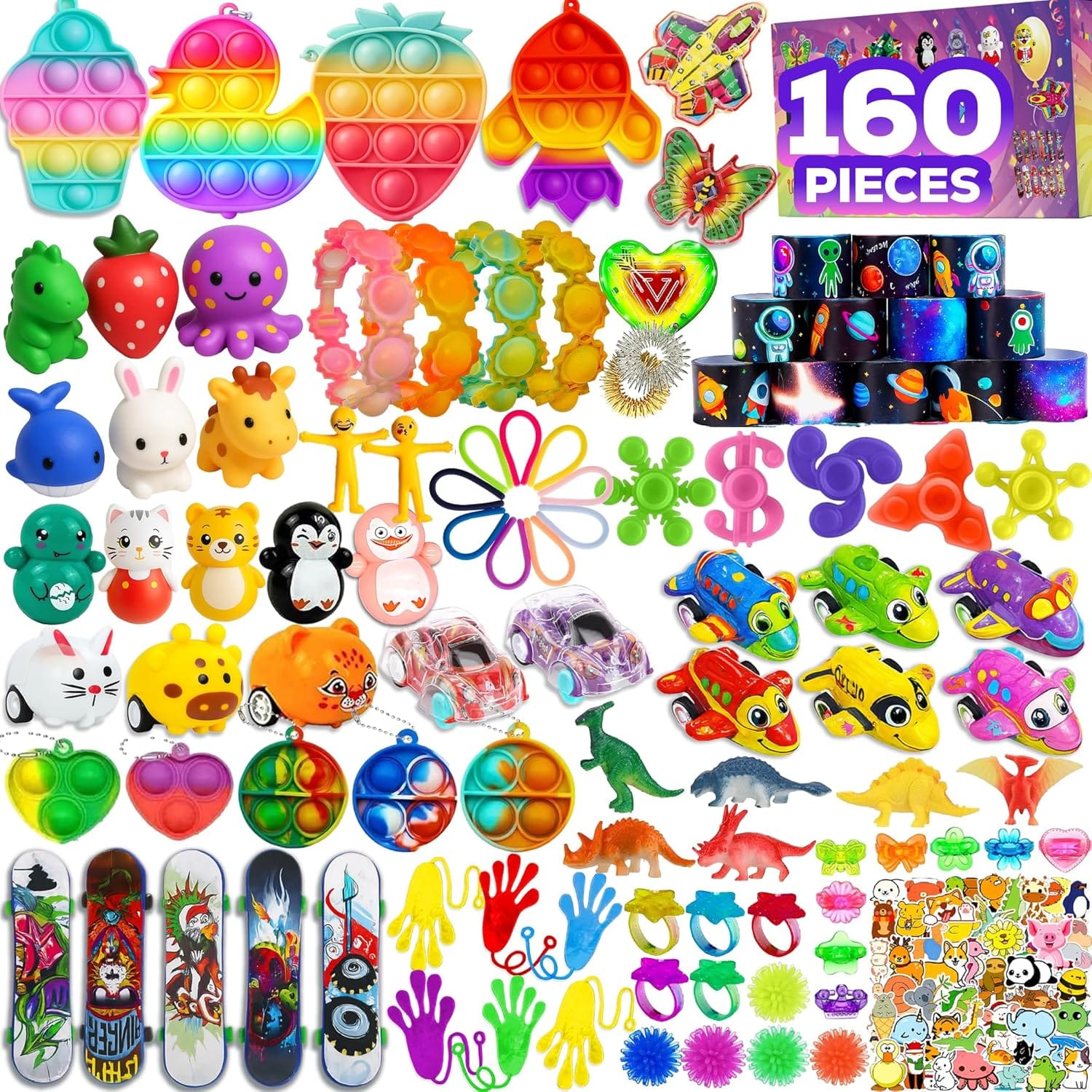 Large colorful fidget toy set with pop toys, squishies, stickers, mini cars, rings, spinners, and sensory hand toys.