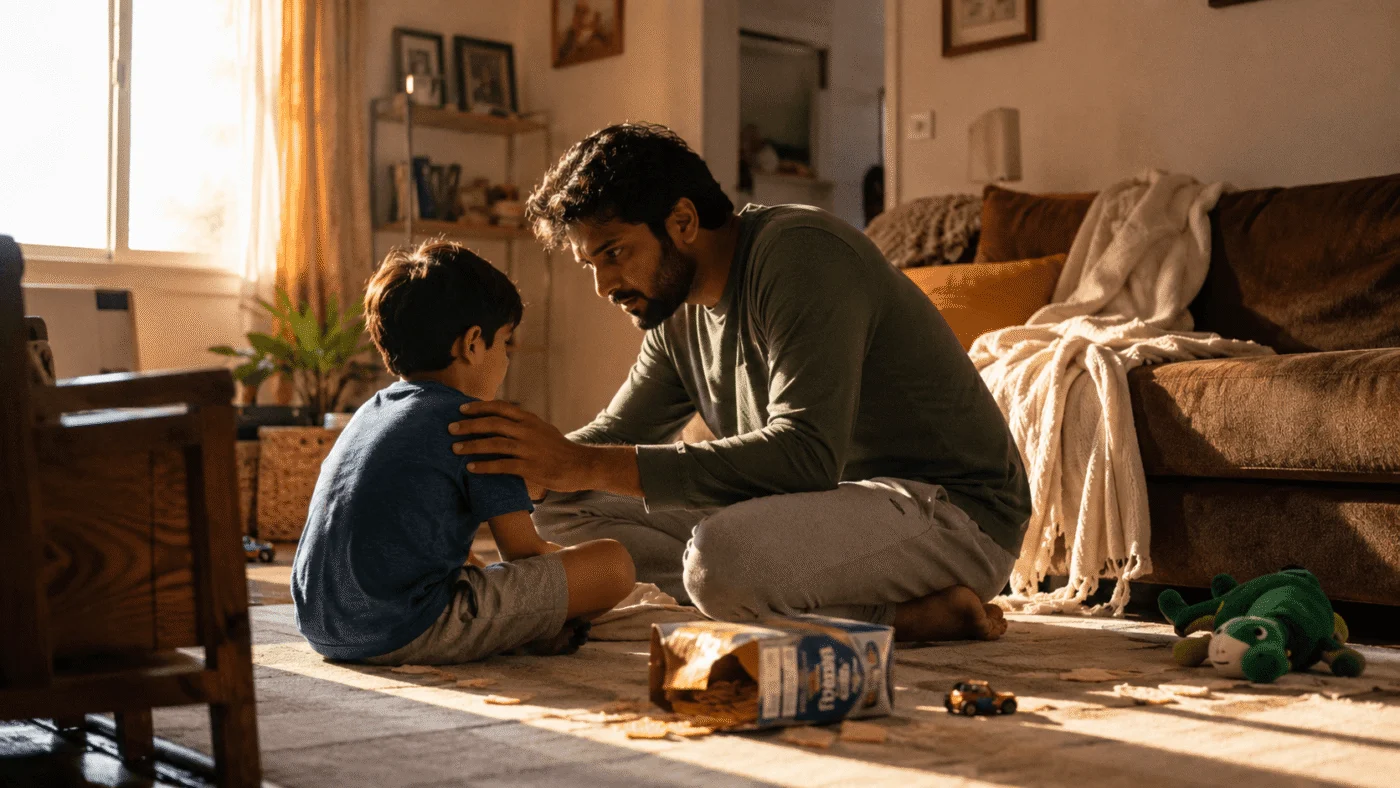 A father kneels beside his young son in warm golden light, a calm hand on the shoulder during a hard moment in a lived-in living room