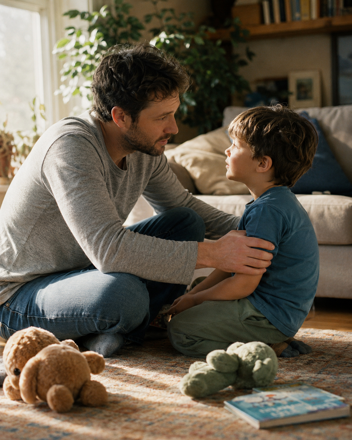 A father sits at his young son's eye level on the living-room floor, both hands gently on the boy's shoulders, with a children's book and soft toys nearby