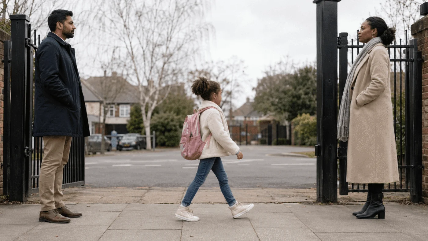 A South Asian father and Black mother stand apart at a school gate as their young daughter with a pink backpack walks calmly between them