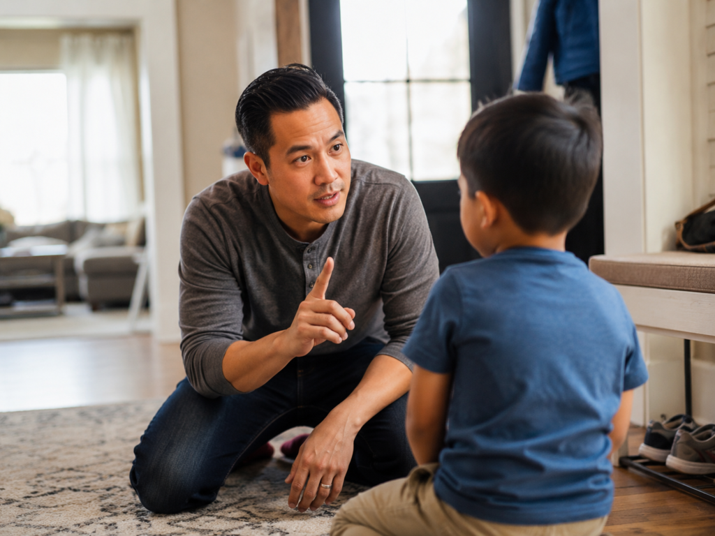 Parent kneeling beside their child before calmly setting a boundary.