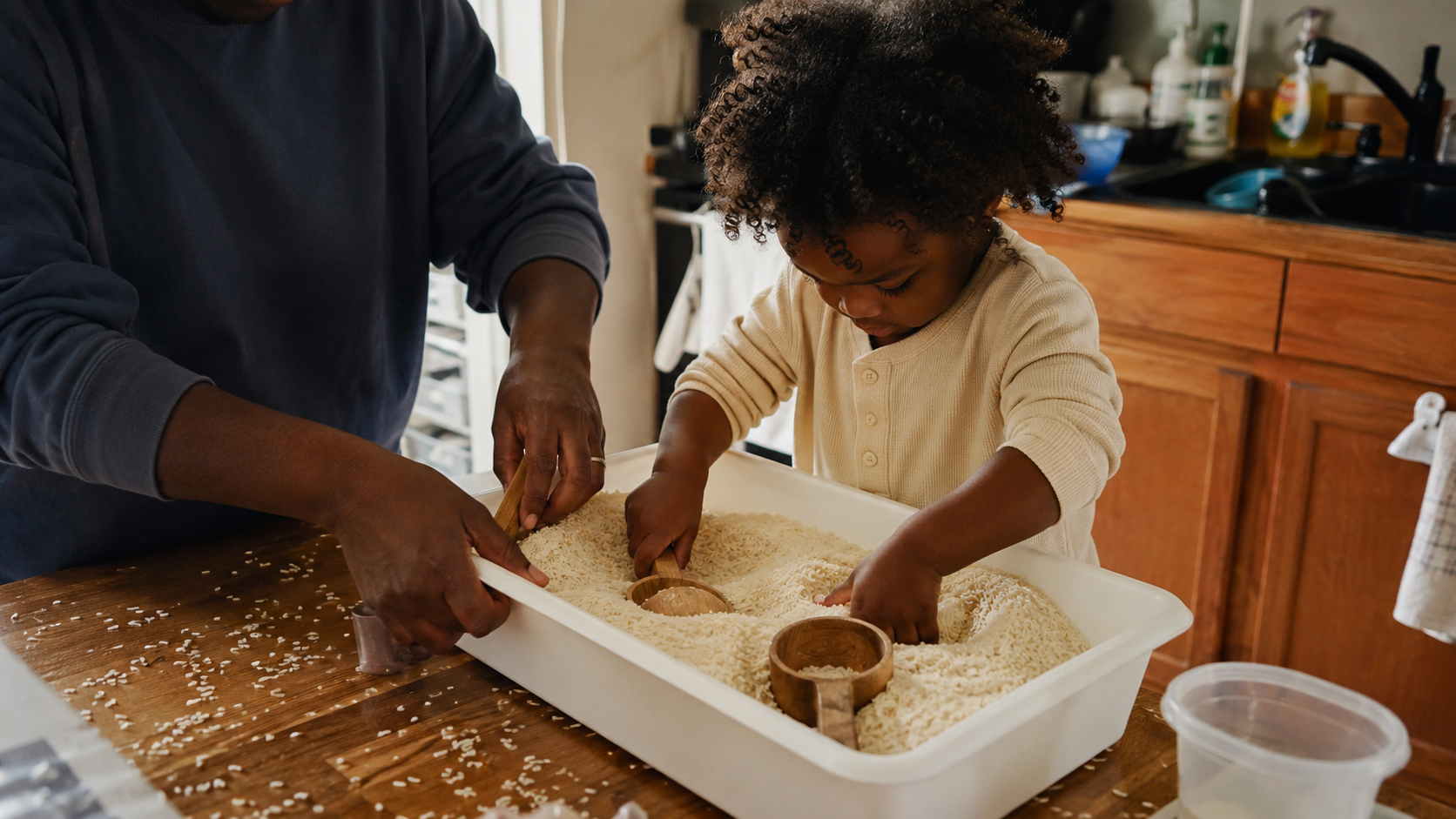 A father and his young son run their hands through a tray of dried rice with small scoops at a kitchen table in warm daylight
