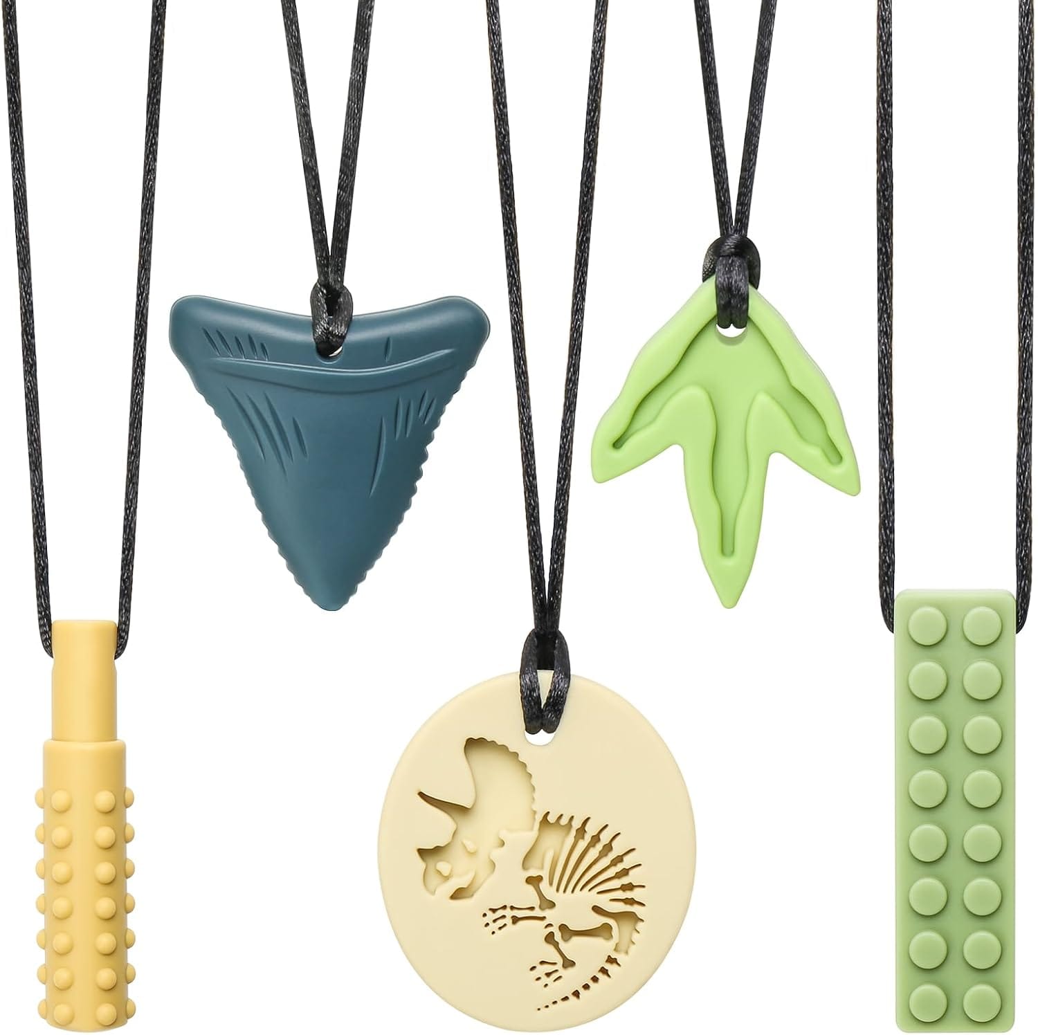 Colorful silicone sensory chew necklaces in different shapes for kids who chew sleeves, pencils, or fingers.