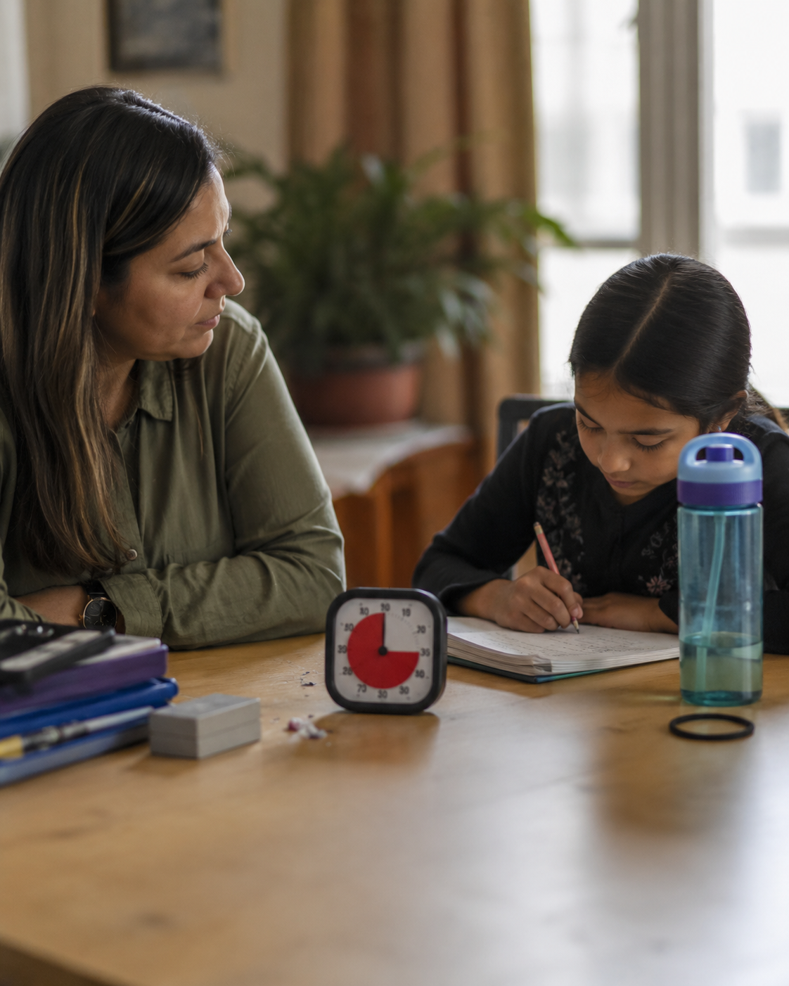 A mother sits with her daughter at a desk during homework, the red-disk Time Timer MOD counting down between them