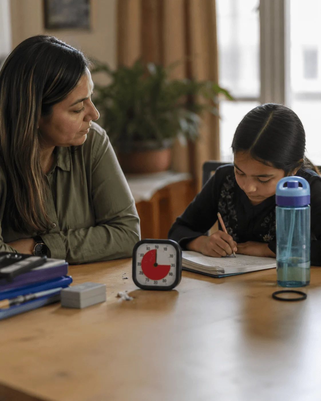 A mother sits with her daughter at a desk during homework, the red-disk Time Timer MOD counting down between them