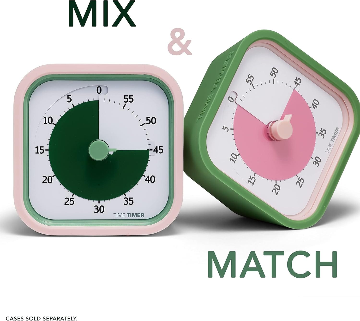 Two Time Timer visual timers in green and pink, showing colored countdown discs for kids’ focus and routine support.