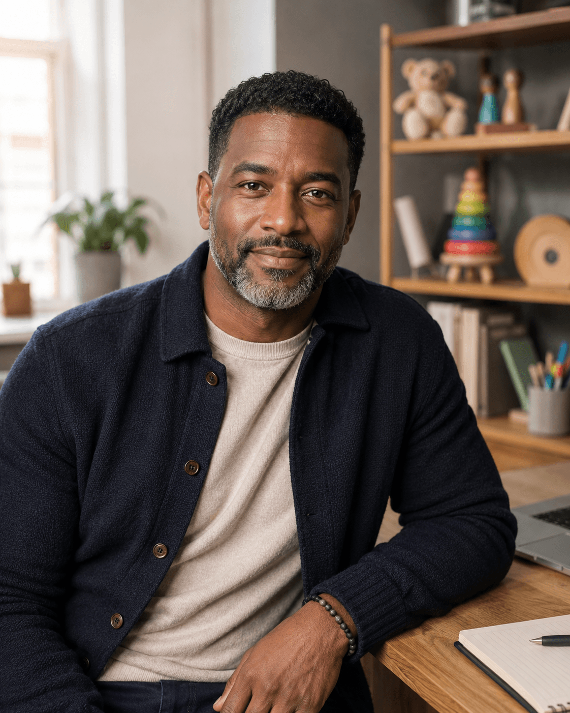 Professional portrait of Tylor Brooks, a parenting and child development writer, seated in a warm home office.