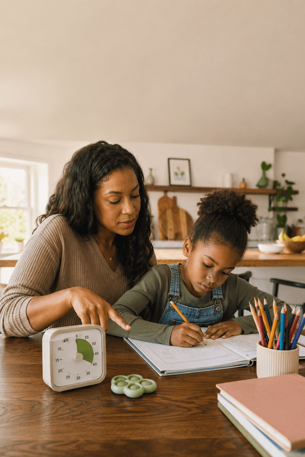 A mother points at a green visual countdown timer while her daughter writes in a workbook at the kitchen table