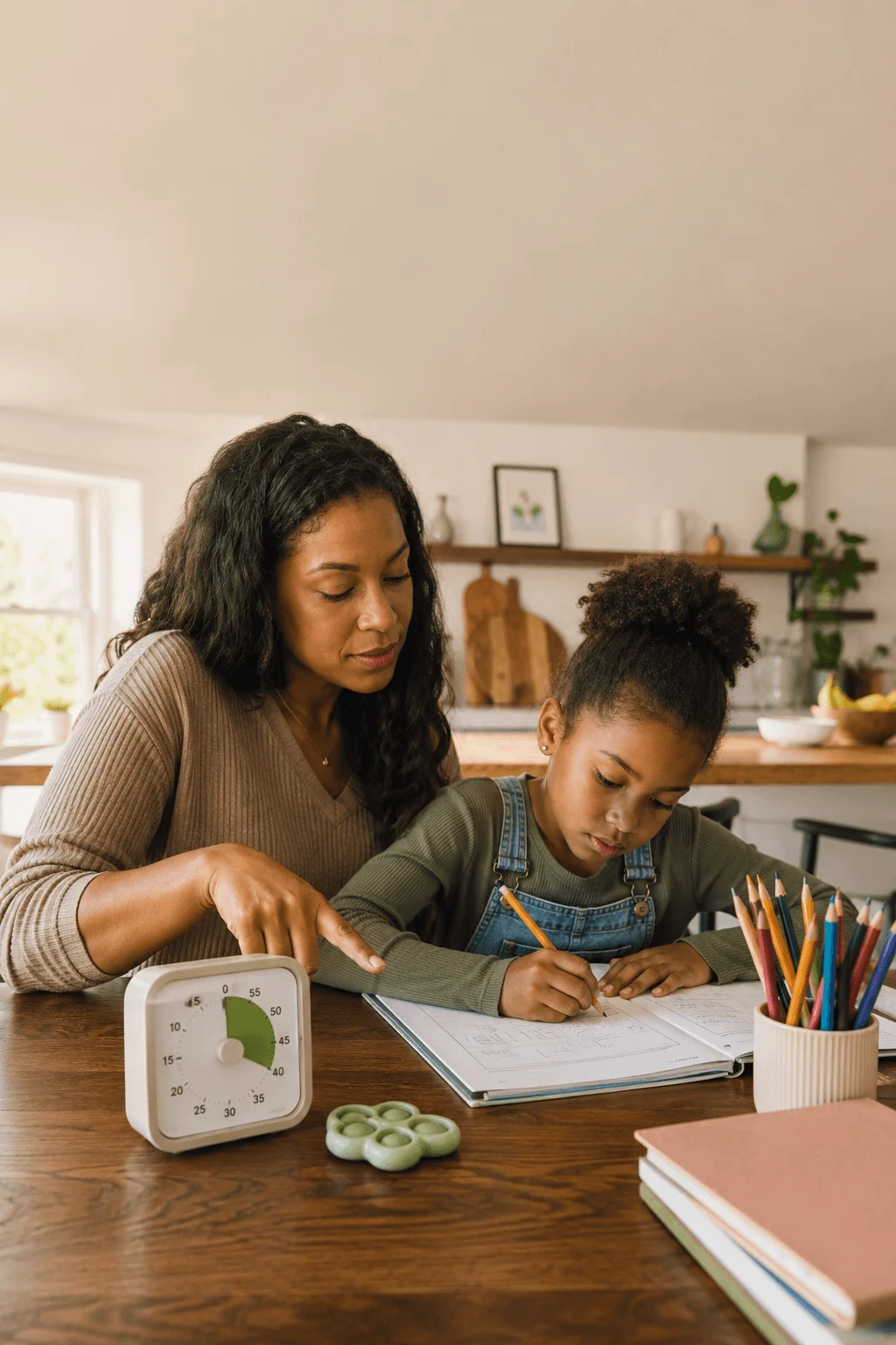 A mother points at a green visual countdown timer while her daughter writes in a workbook at the kitchen table