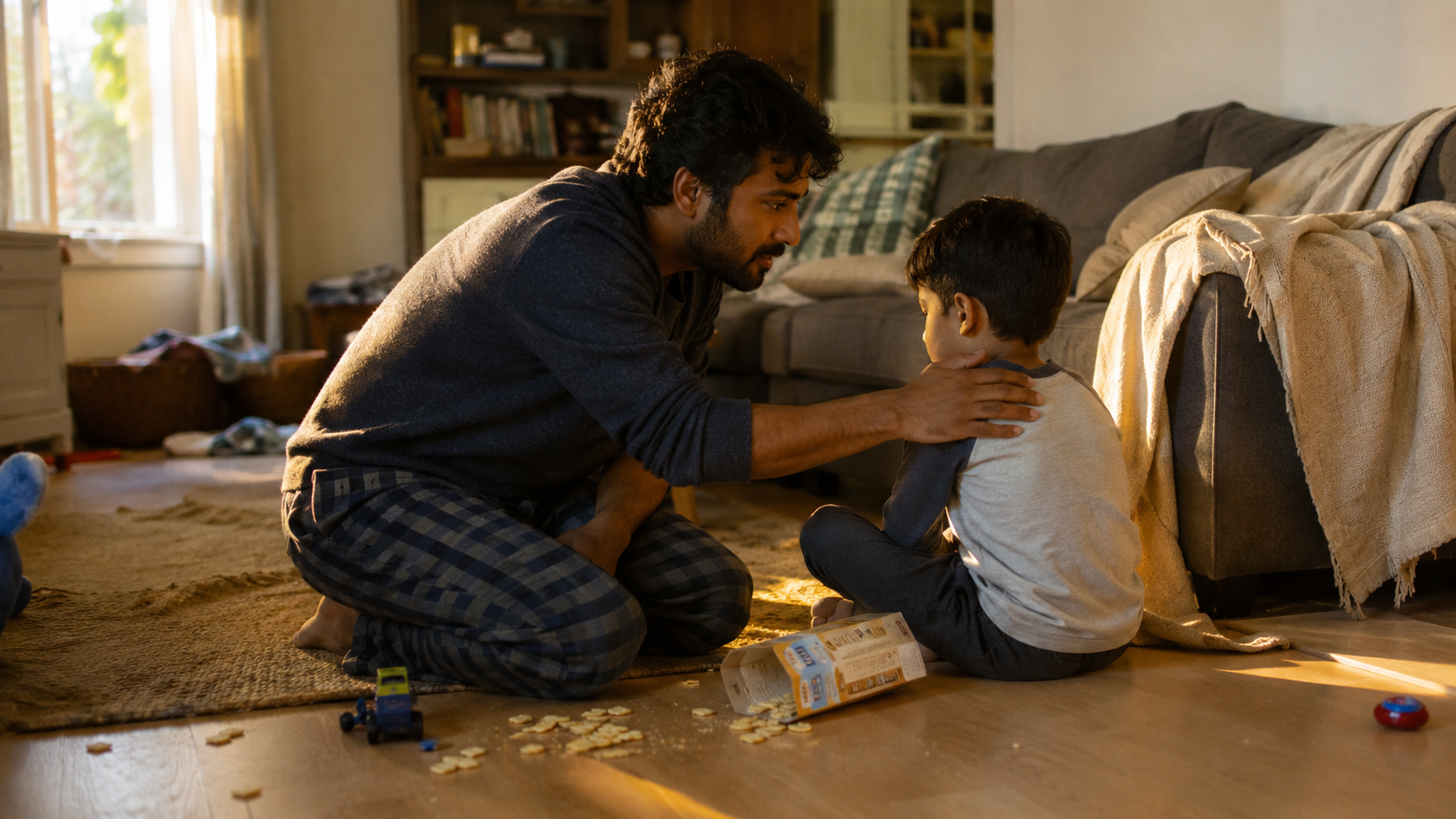 A father crouches to his young son's eye level with a hand on his shoulder, beside a tipped box of crackers in a warm living room