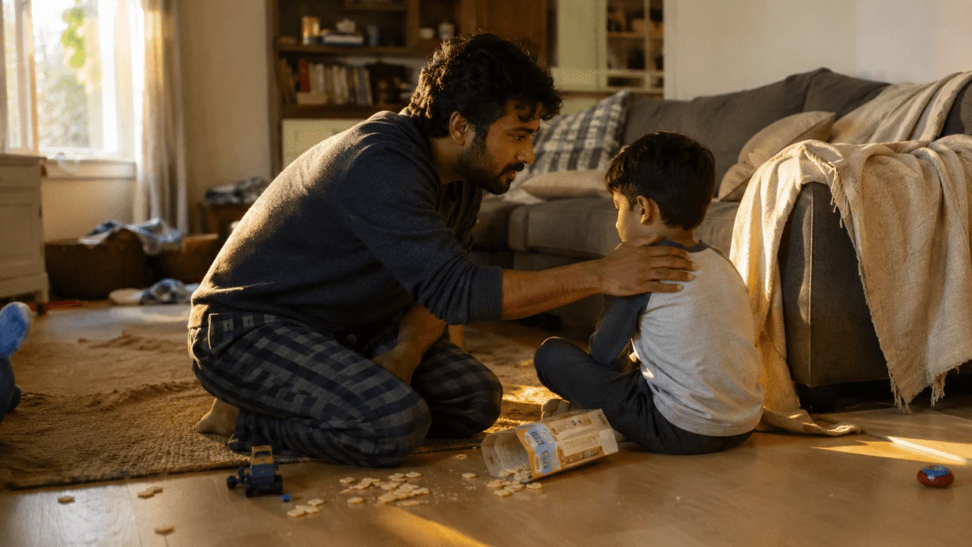 A father crouches to his young son's eye level with a hand on his shoulder, beside a tipped box of crackers in a warm living room