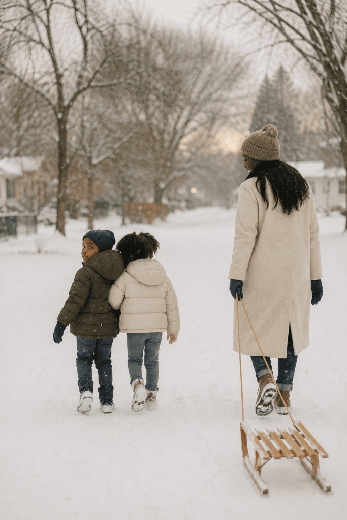 Mother pulling a wooden sled down a snowy street while her two children walk ahead