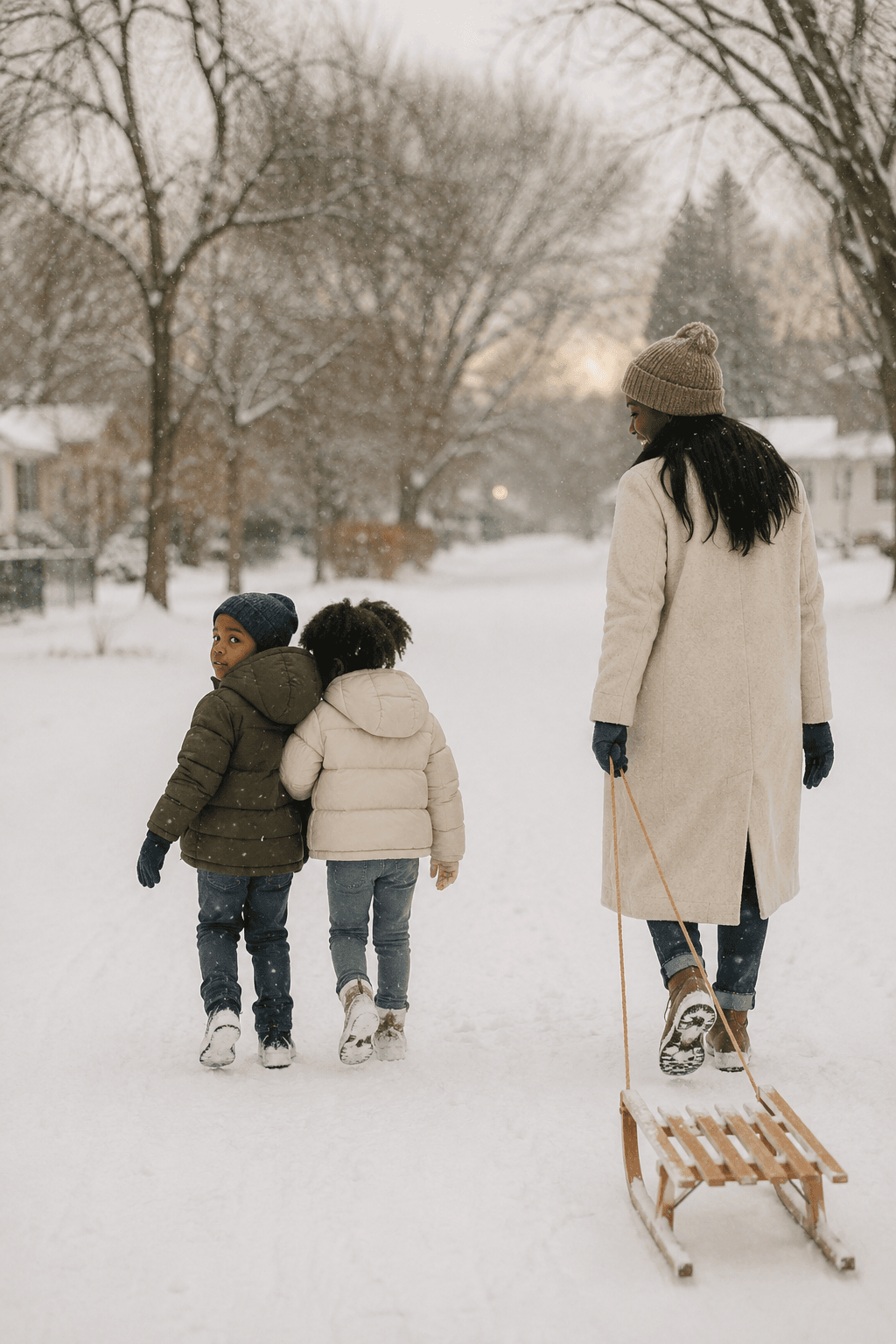 Mother pulling a wooden sled down a snowy street while her two children walk ahead