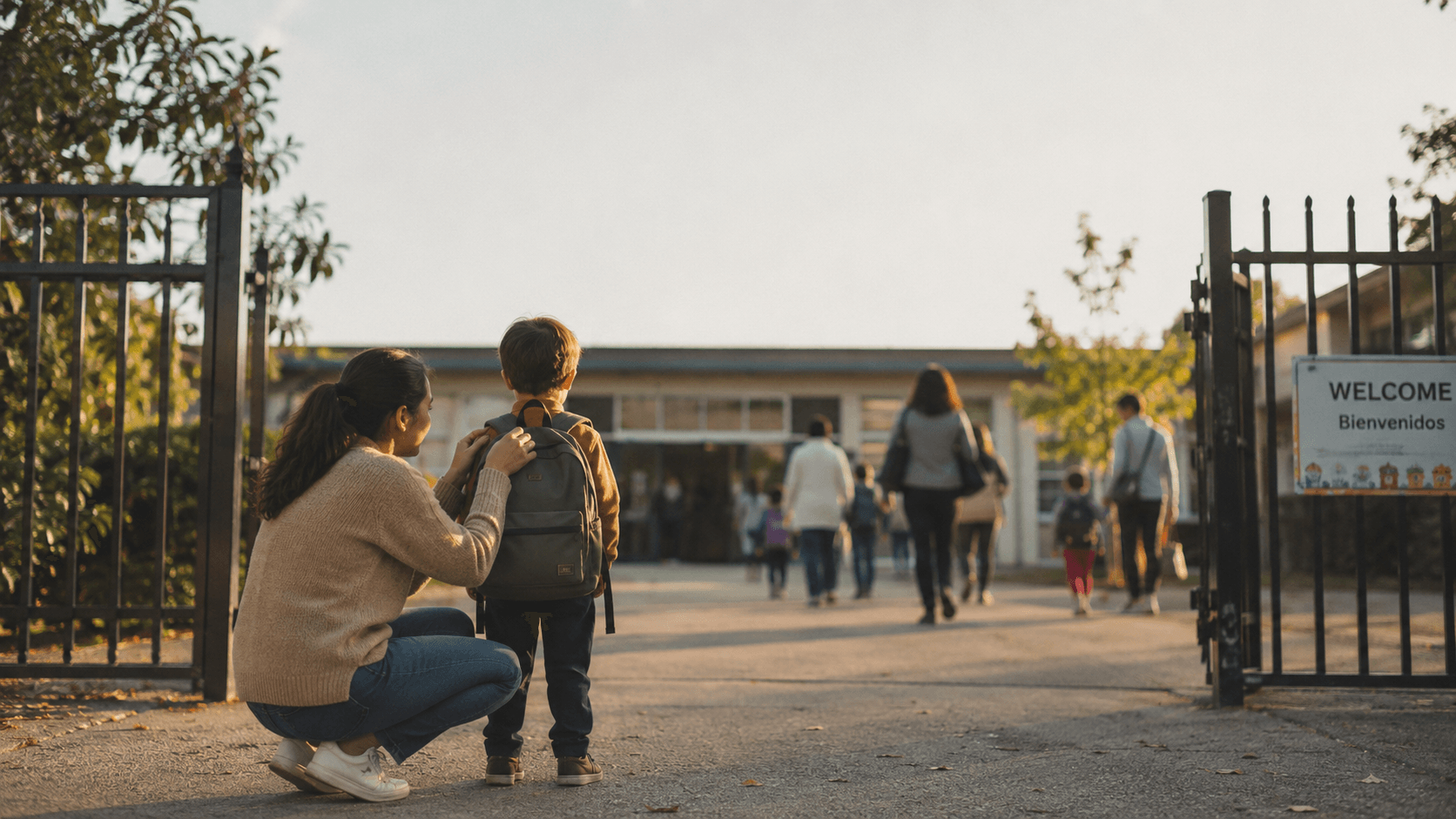 Parent crouching to adjust a child backpack at the school gate on a sunny morning