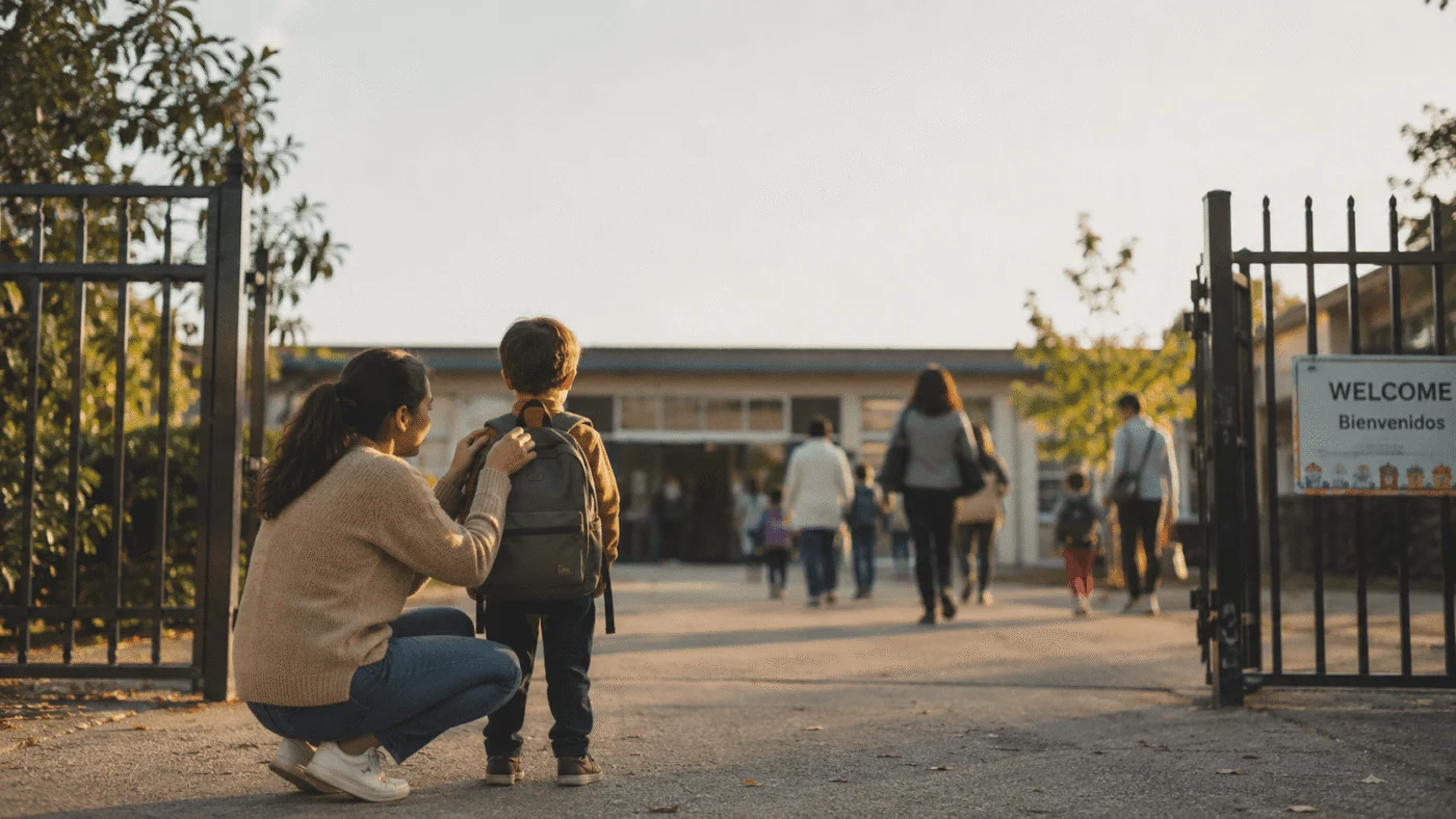 Parent crouching to adjust a child backpack at the school gate on a sunny morning