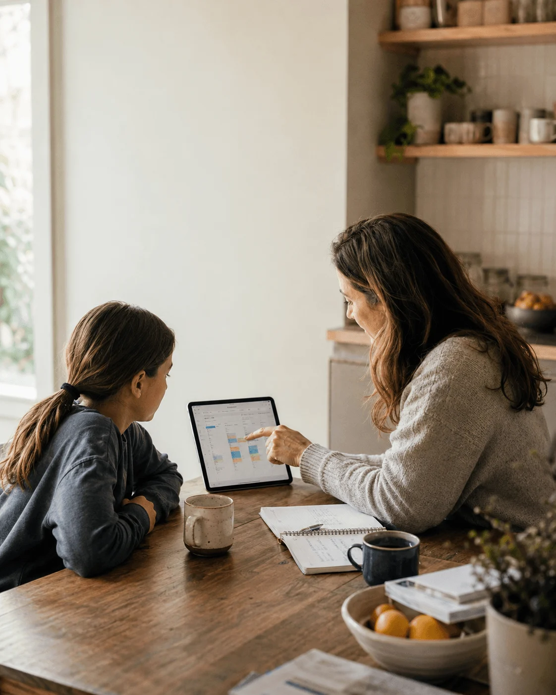 Parent and child at a kitchen table looking at a weekly schedule on a tablet