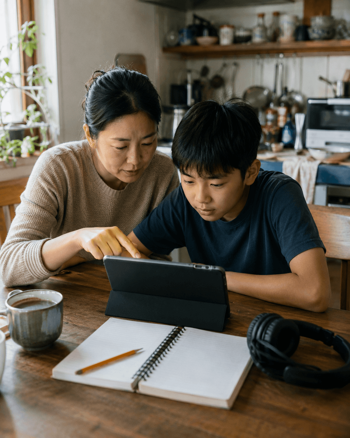 A mother sits close beside her teenage son at the kitchen table, pointing at a tablet screen as they work through a task together, a notebook and headphones nearby