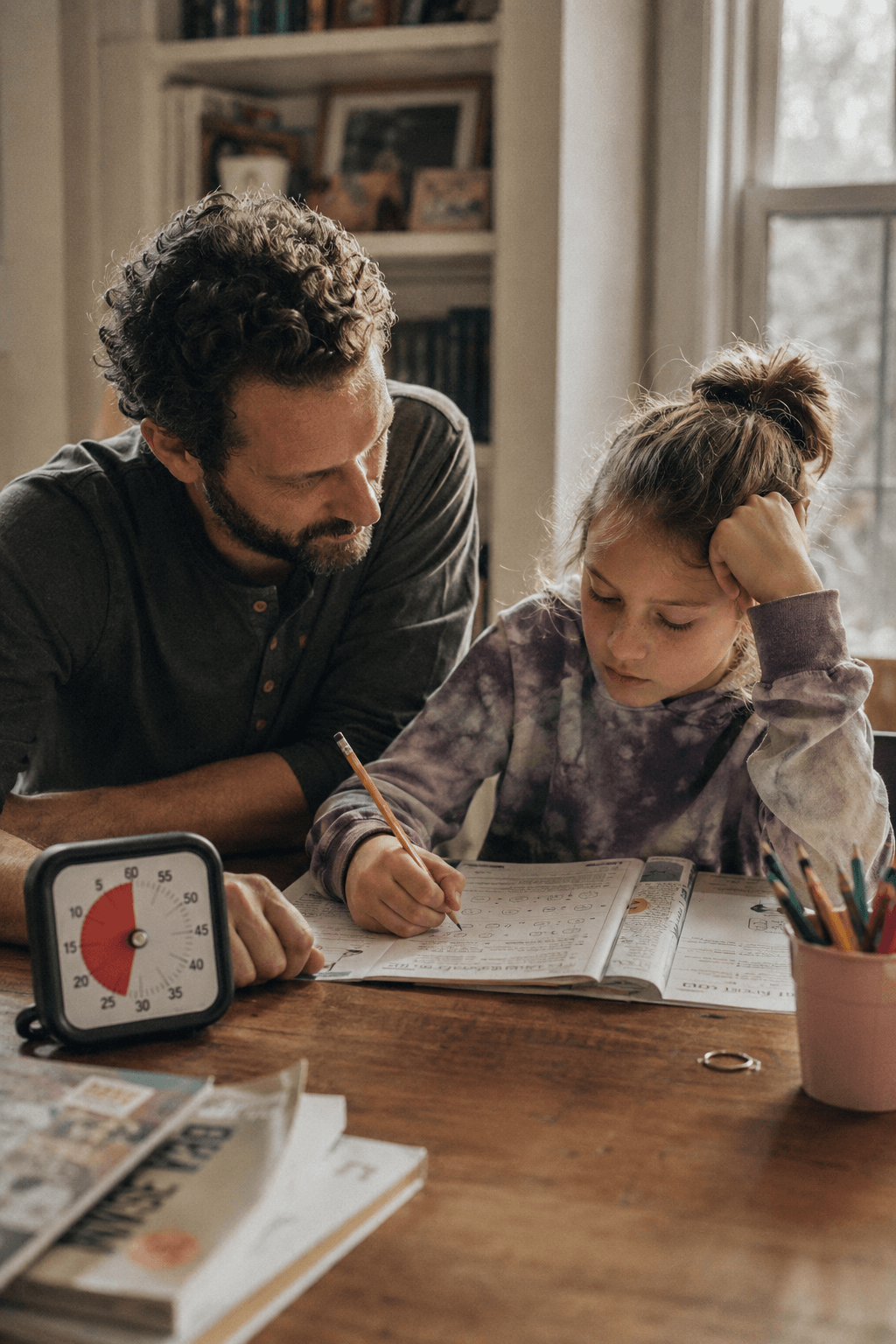 Father helping daughter with homework while a red visual timer sits on the table