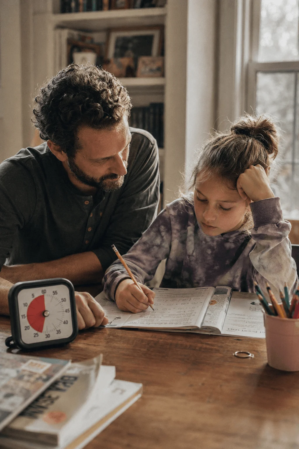 A bearded father leans in beside his young daughter at a wooden table as she writes in her workbook, a red-disk Time Timer counting down in the foreground