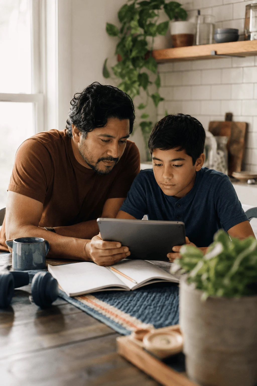 A Latino father and his teenage son lean over a tablet at a kitchen table, an open notebook and headphones beside them during a longer study session