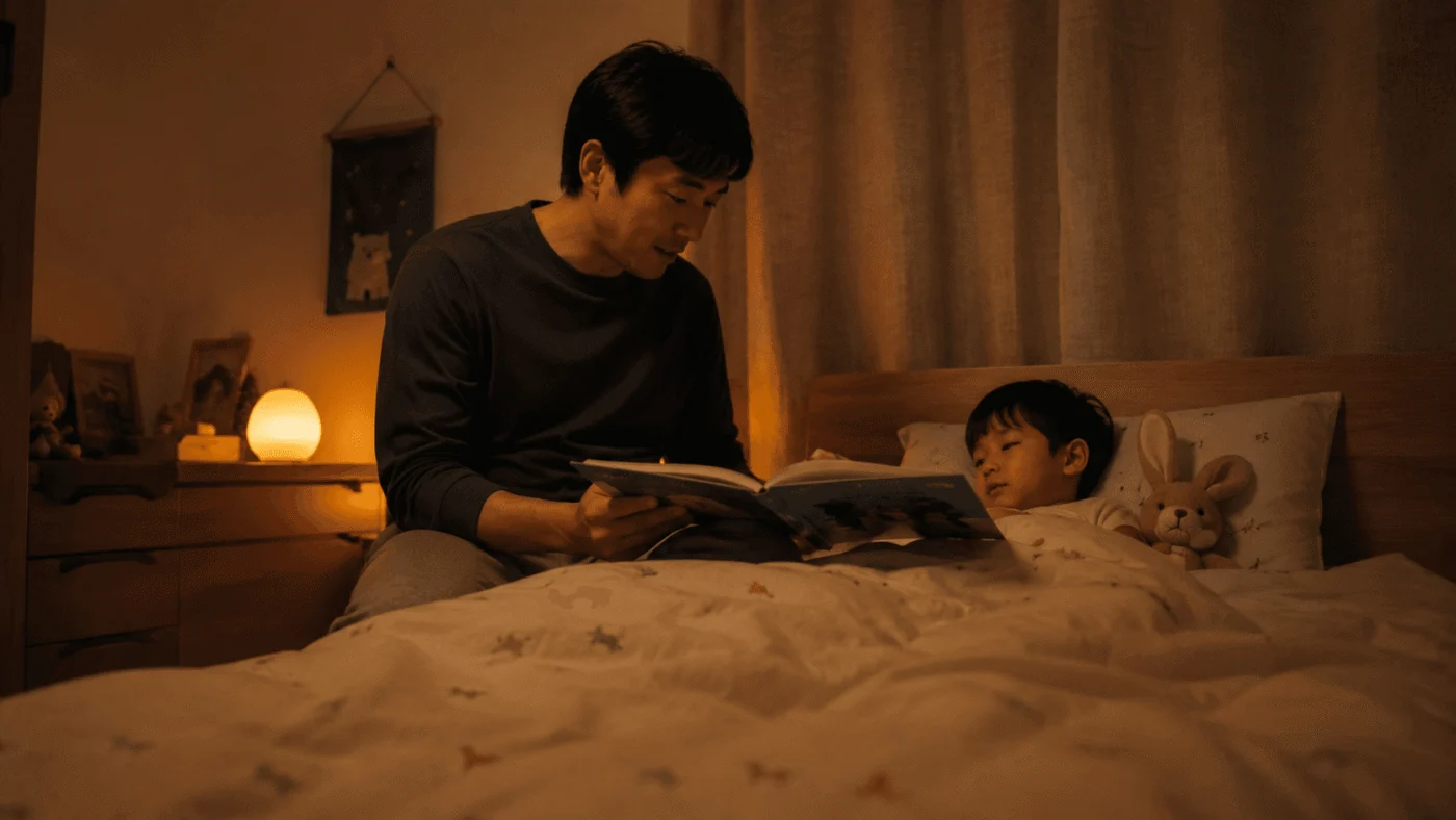 An East Asian father sits on the edge of his young son&rsquo;s bed reading a picture book aloud, the boy tucked in beside his stuffed rabbit in warm amber lamplight