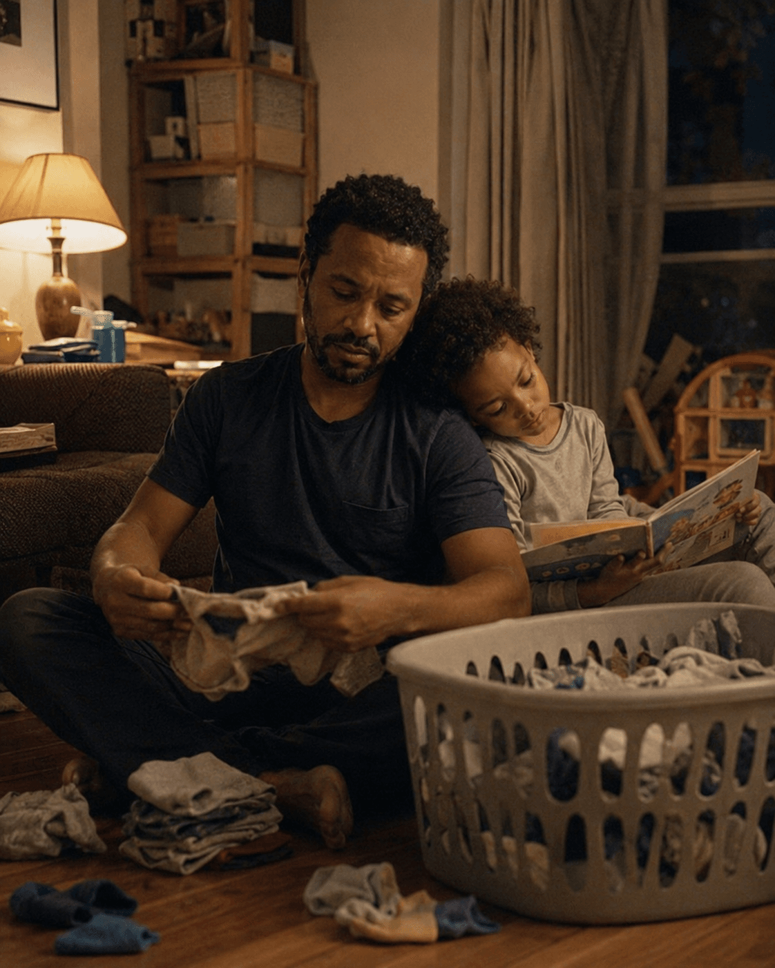 A Black father folds laundry on the living-room floor in the evening while his young son leans against his back, absorbed in a picture book