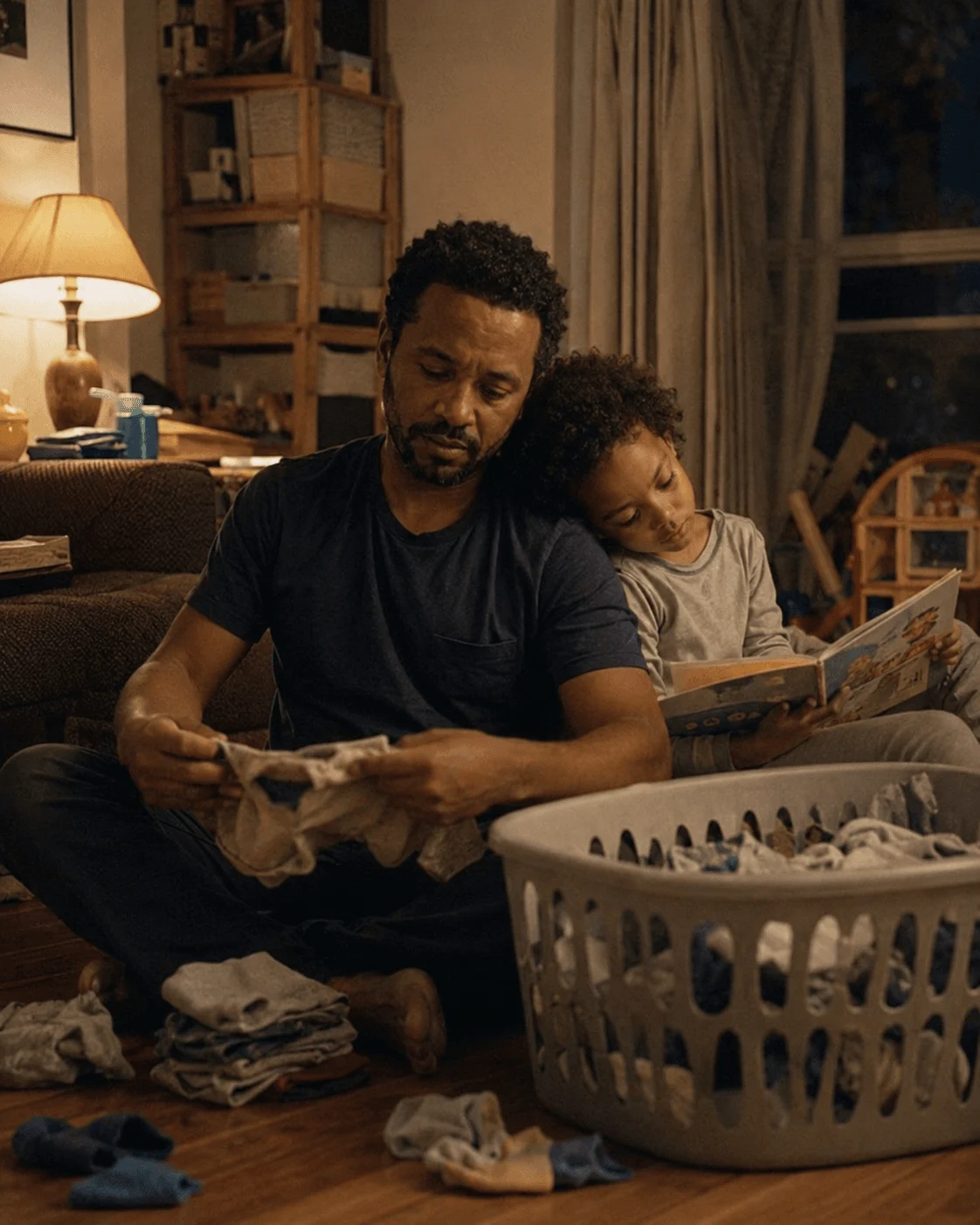 A Black father folds laundry on the living-room floor in the evening while his young son leans against his back, absorbed in a picture book