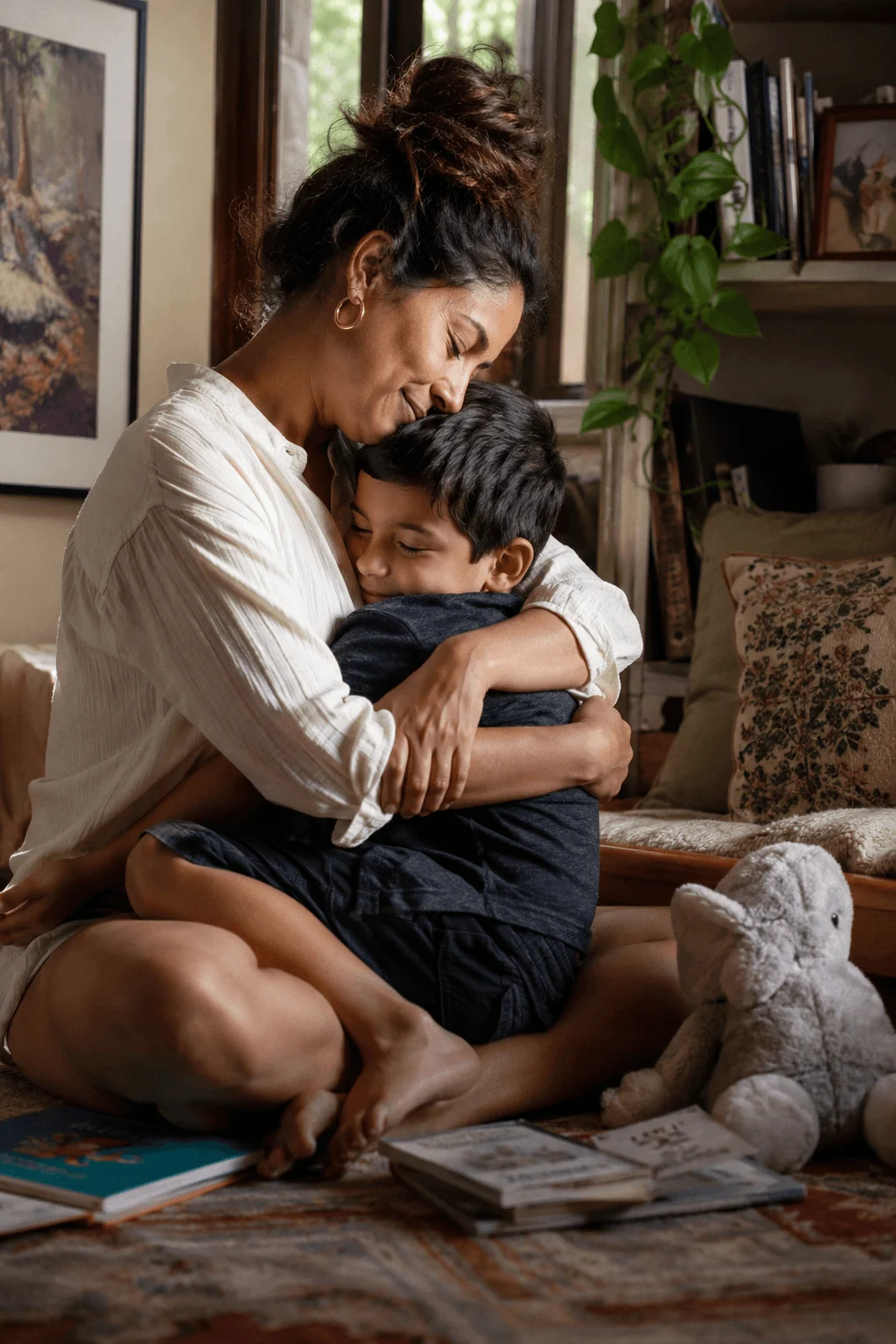 A South Asian mother sits cross-legged on the living-room floor hugging her young son tightly, eyes closed, picture books and a stuffed elephant on the rug beside them