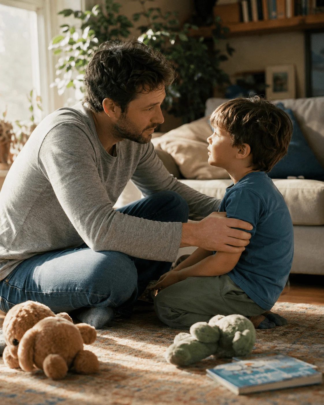 A father crouches to his young son at eye level in the living room, a gentle hand on his shoulder, the two in warm conversation