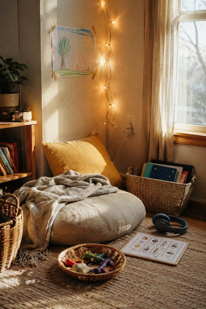 A small calm corner with a beanbag, fairy lights, books and headphones tucked against a wall